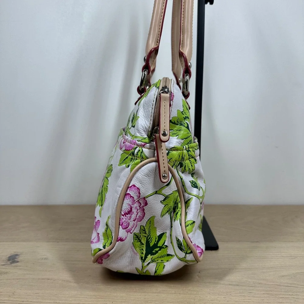 Tignanello Satchel Handbag White Pink Green Floral Leather Cottagecore Y2K Purse